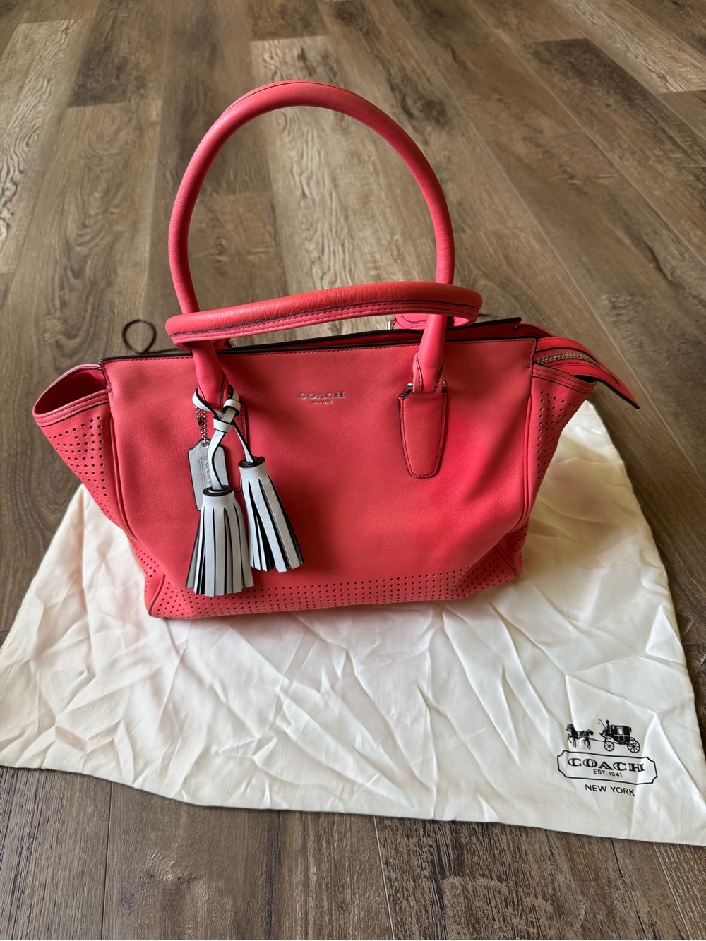 Coach Watermelon Pink Leather Tote with Contrast Tassels